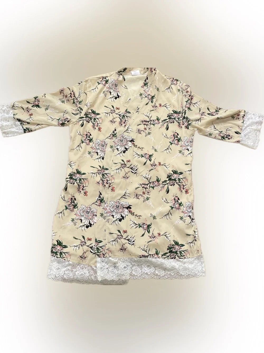 Beautiful Silken Floral Rose & Cream wrap robe with green accents, & lace trim